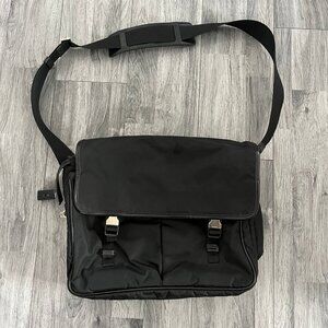 PRADA - Black Tessuto Messenger Bag Made in Italy Metal Lock Saffiano Leather